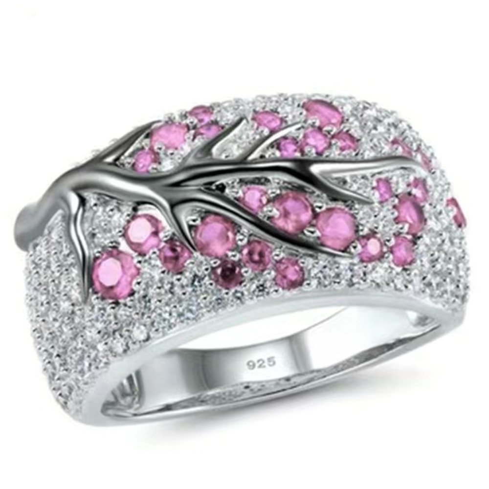 925 sterling silver pink crystal tree ring